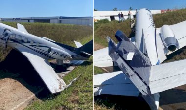Jato sai da pista e colide contra barranco ao pousar em aeroporto no interior de SP